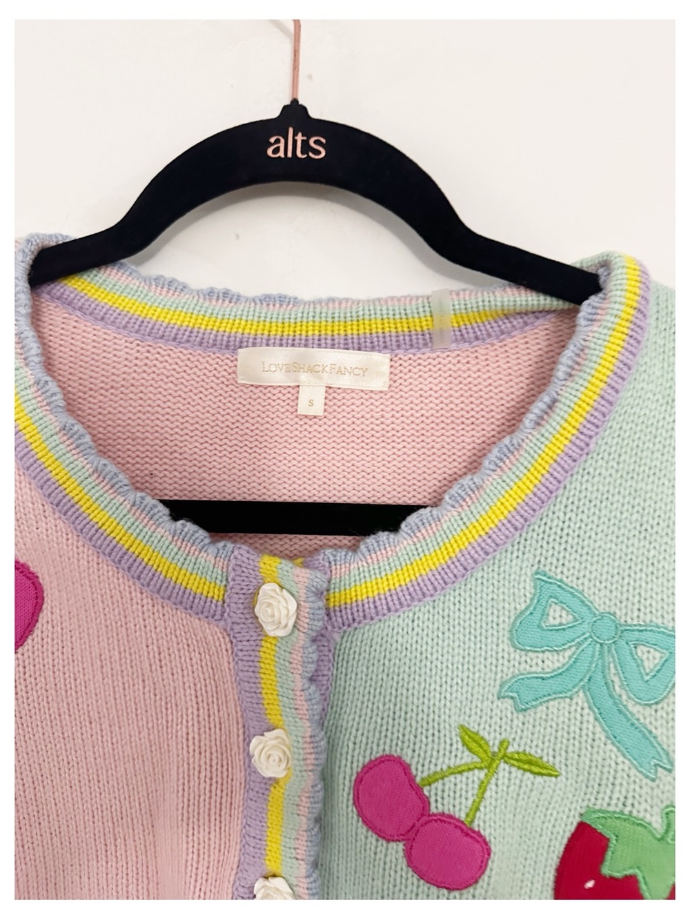 LoveShackFancy Brody Cardigan Size S Pastel Multi Heart Fruit Applique $425 - Picture 4 of 7